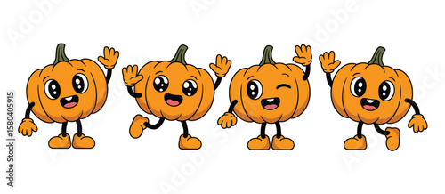 Four Cute Cartoon Pumpkins Waving Hello