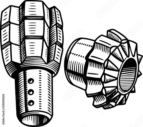 Industrial mechanical gears, detailed hand drawn engineering parts illustration precision steel machinery components, tool design