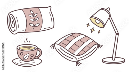 Cozy home comfort elements including a rolled blanket with leaf design a steaming cup of tea a striped pillow and a desk lamp illuminating the scene with warm light