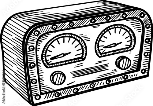 Analog gauge control panel hand drawn vintage meter with dual dials, mechanical measurement, industrial equipment