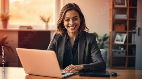 Joyful business woman freelancer entrepreneur smiling and rejoices in victory while sitting at desk and working at laptop