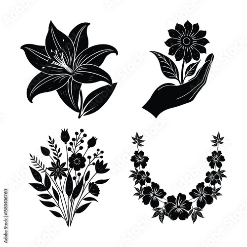 Collection of elegant black floral and leaf designs in silhouette style