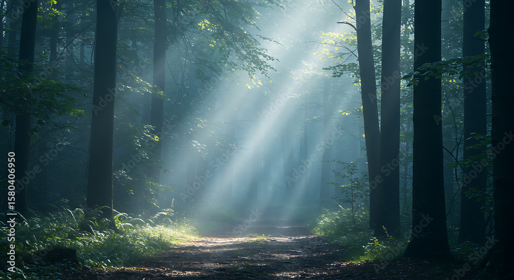 Obraz premium Sunlight filtering through tall trees in a dark, misty forest, illuminating a path and creating an ethereal, tranquil atmosphere. 