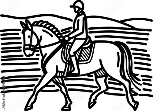 Equestrian rider practicing dressage on horse outdoor training, equine sport, calm landscape, rider balance