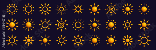 Set of glowing sun icons in modern cartoon style. Bright summer collection for weather apps, UI buttons, graphic design, or decorative elements. Vector illustration.