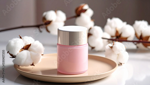 Elegance in Beauty: A pristine pink jar of skincare product sits gracefully amidst a composition of natural cotton blooms, exuding purity and tranquility.