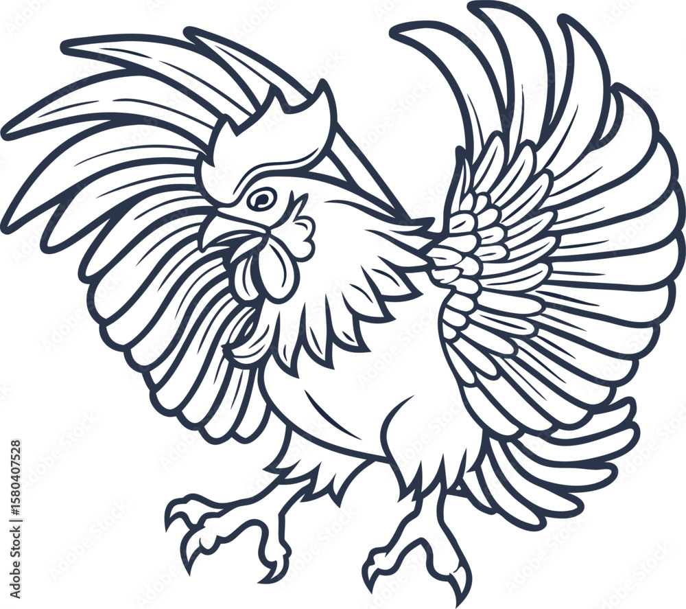 Obraz premium Rooster bird outline illustration with detailed feathers and wings spread hand drawn farm animal sketch design