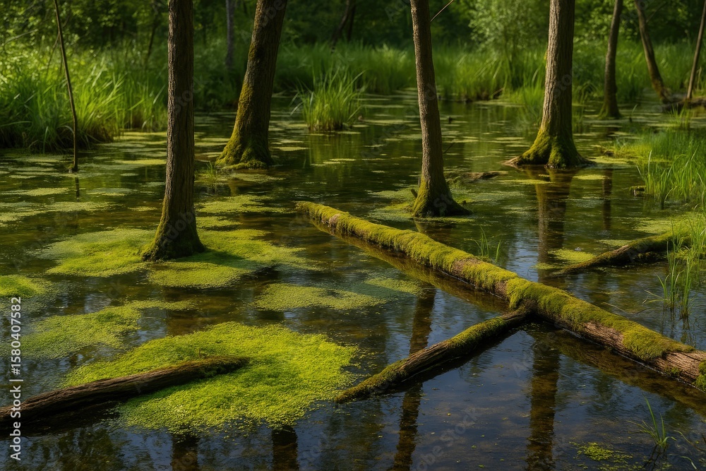 Obraz premium Moss-covered wetlands within a pond ecosystem