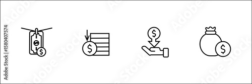 Price tag, investment, receiving payment, and money bag icons in minimal line style.