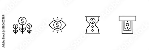 Money growth, financial vision, saving time, and ATM withdrawal icon in line style.