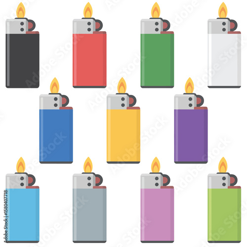 Collection of colorful disposable lighters with flames on a white background