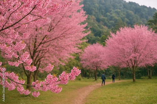 Wallpaper Mural Stunning natural cherry blossom trees with pink Prunus Cerasoides flowers blooming on a mountain trail Torontodigital.ca
