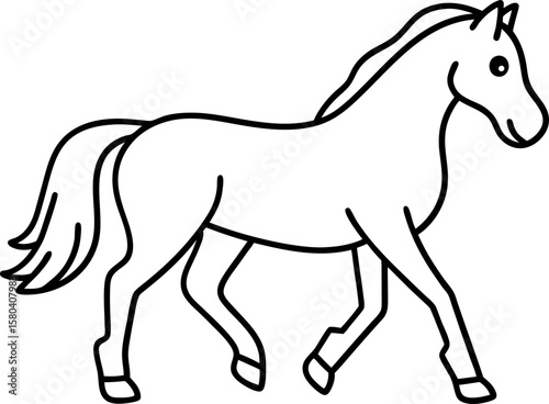 Graceful horse outlined in black, elegant walking pose simple animal illustration, minimalistic design