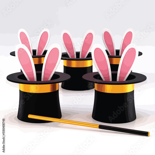 Multiple black magic hats with pink bunny ears and a golden wand