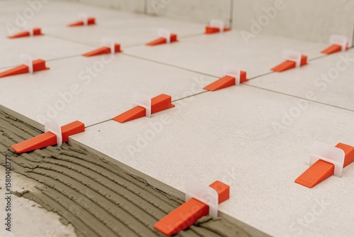 Tile leveling method using clips during mortar setting