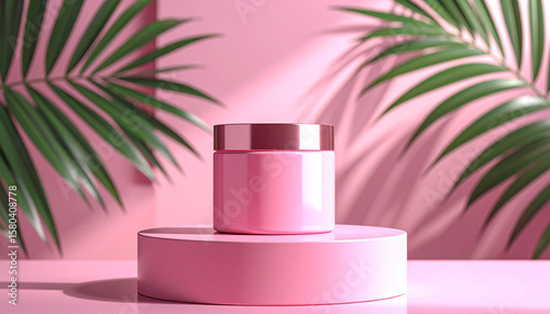 Elegant Skincare Product: A sleek pink skincare jar rests gracefully on a circular pedestal.  Surrounded by palm fronds, the image conveys a sense of luxury and tranquility.