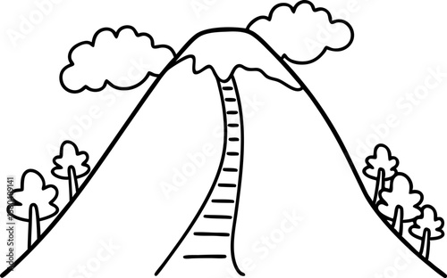 Mountain with staircase leading to summit, simple black outline drawing with clouds and trees, adventure concept
