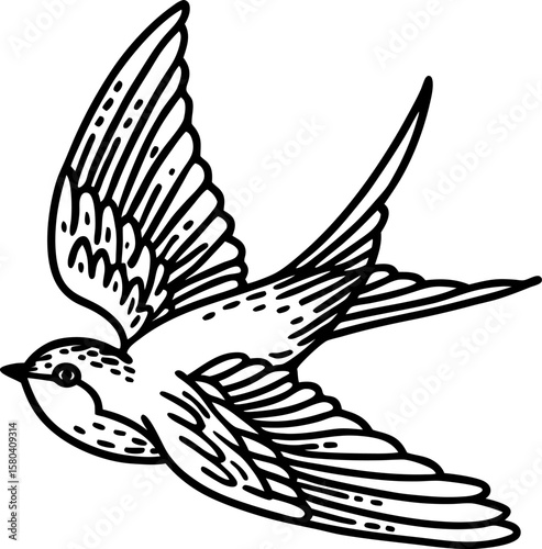 Swallow bird in flight black and white hand drawn illustration, open wings, outline minimalist design, nature symbol