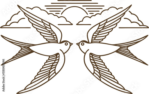 Swallows flying together in symmetry minimalist linear bird illustration, nature harmony, sunrise, clouds