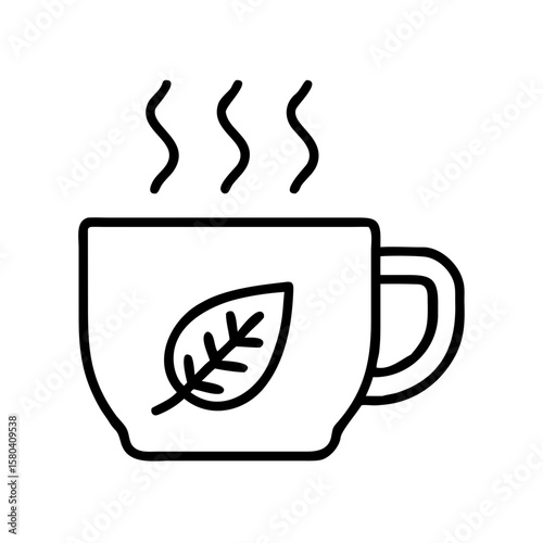 Tea cup with steam and leaf design, concept of warm drink  