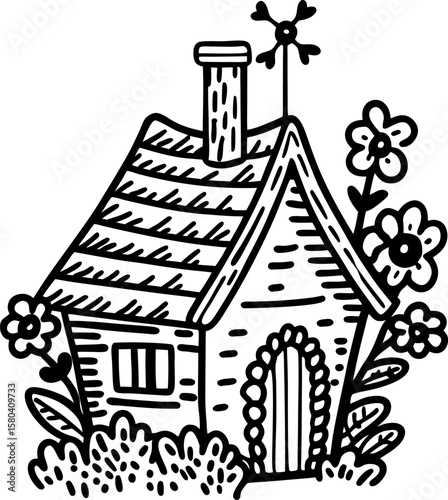 Whimsical cottage with flowers and garden elements cute fairytale house, hand drawn doodle line art