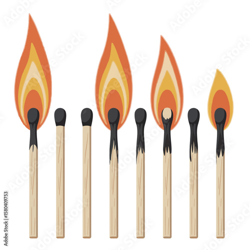 Set of seven matches with varying flame sizes and burning stages