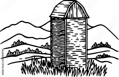 rustic farm silo illustration with scenic fields and mountains in the background, rural countryside landscape