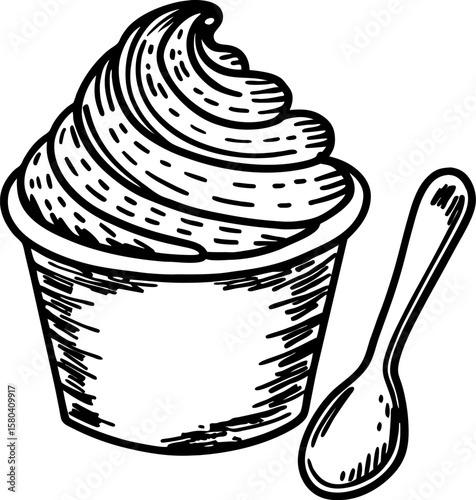 Hand drawn swirl ice cream in cup with spoon beside vintage dessert sketch, creamy frozen treat illustration