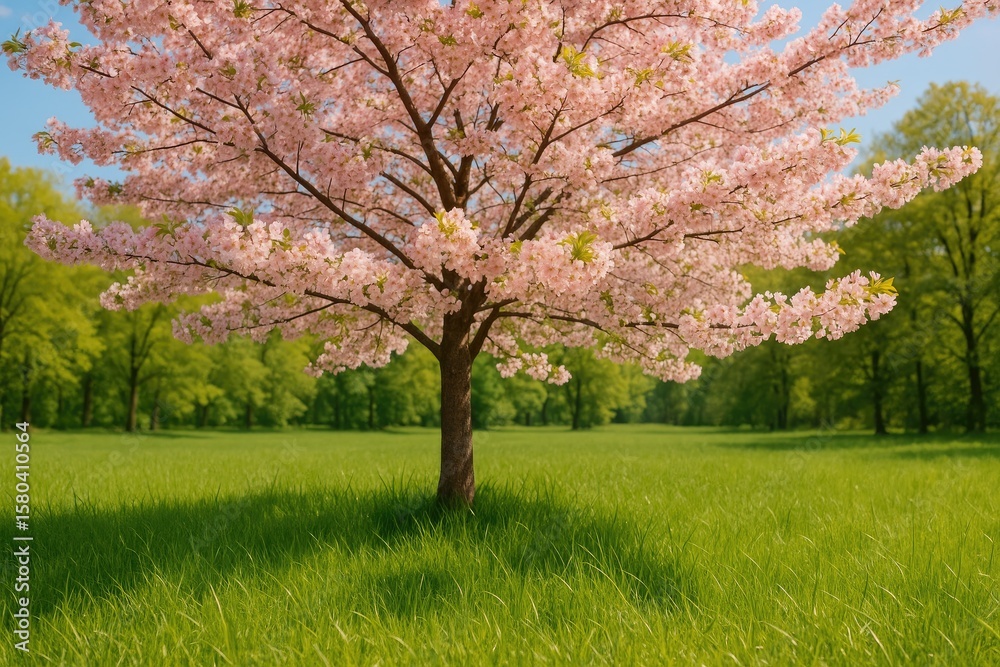 Fototapeta premium Blooming cherry blossoms amidst lush green fields