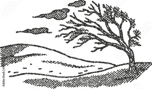 Lonely windswept tree in sparse landscape minimalist black ink drawing, barren land, drifting clouds, nature concept