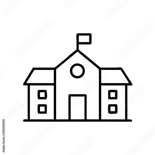 School building icon with flag in simple line art style  