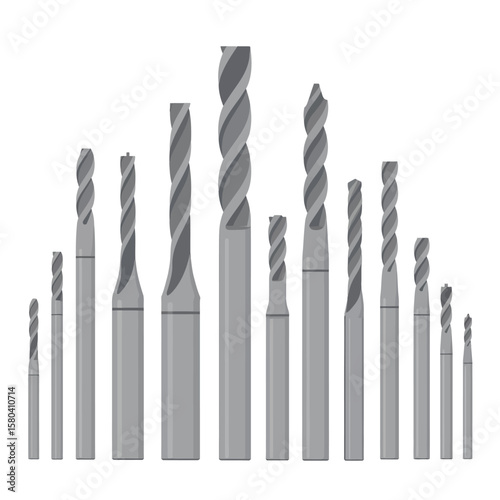 Collection of various sizes of metal drill bits and end mills