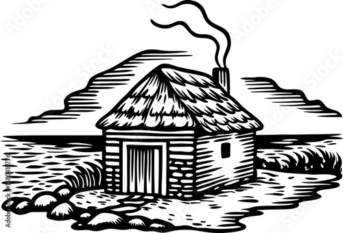 Rustic wooden cabin with thatched roof and smoking chimney near riverbank, countryside landscape illustration