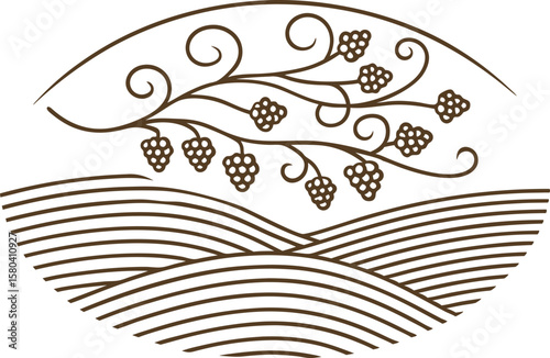 Abstract vineyard hills with grapevine branches minimal line art logo, rural agriculture, organic farming concept