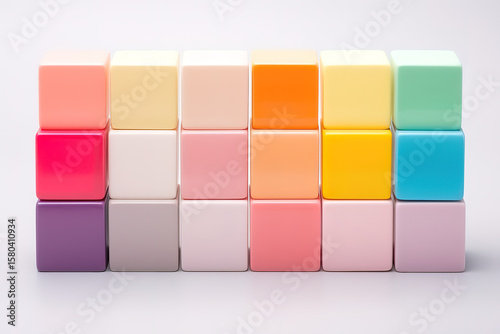 Attractive Colorful wooden blocks aligned in a strip on a neutral white background