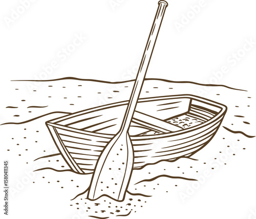 Wooden rowboat with paddle in sand, simple hand drawn rustic boat illustration isolated on white background