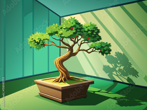 vector of Bonsai tree in front of a minimalist green wall in an empty room with natural light and soft shadows...