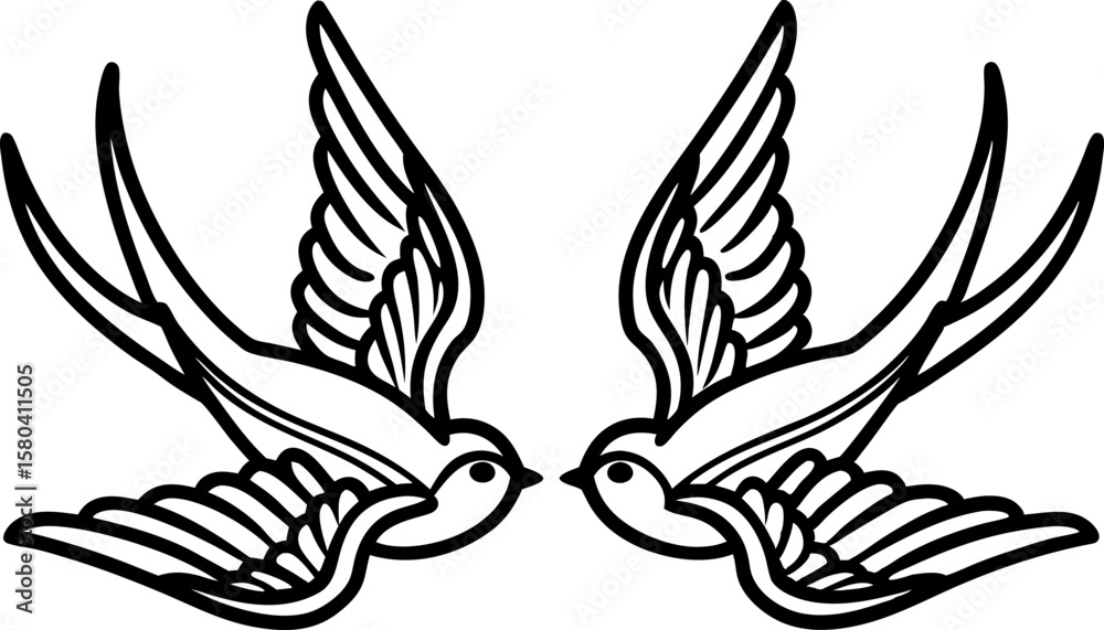 Fototapeta premium Two symmetrical flying swallows black line drawing minimalist tattoo art style, nature birds illustration