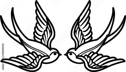 Two symmetrical flying swallows black line drawing minimalist tattoo art style, nature birds illustration