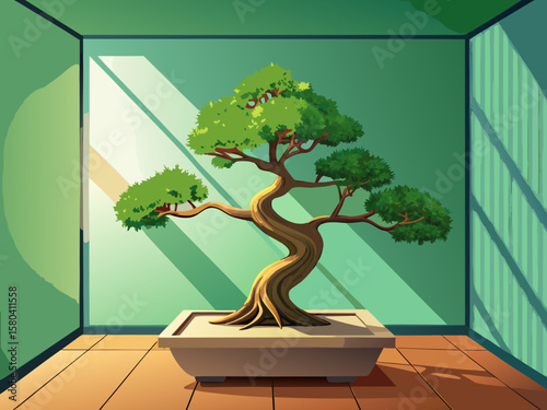 vector of Bonsai tree in front of a minimalist green wall in an empty room with natural light and soft shadows...