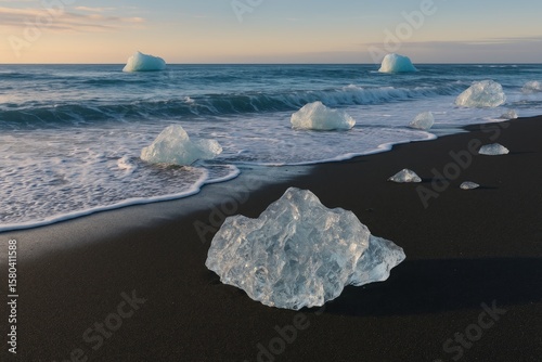 Stunning black volcanic sand shore adjacent to a renowned glacier lagoon