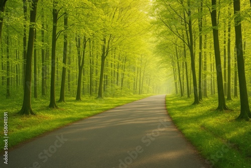 Early morning pathway through a spring forest scene