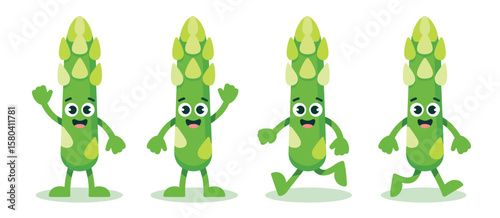 Four cartoon asparagus characters waving and running in different poses