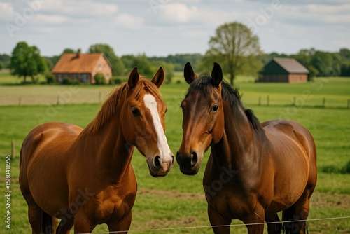 Two horses captured on a rural farm scene
