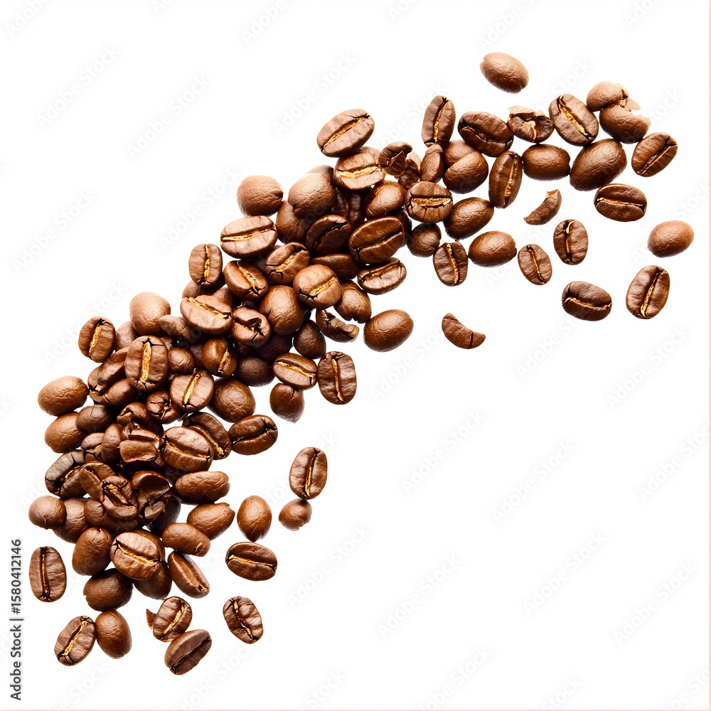 Obraz premium Coffee beans scattered on a white background