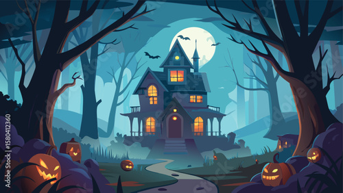 A spooky halloween scene with a haunted house under a full moon and glowing jack o lanterns in the forest