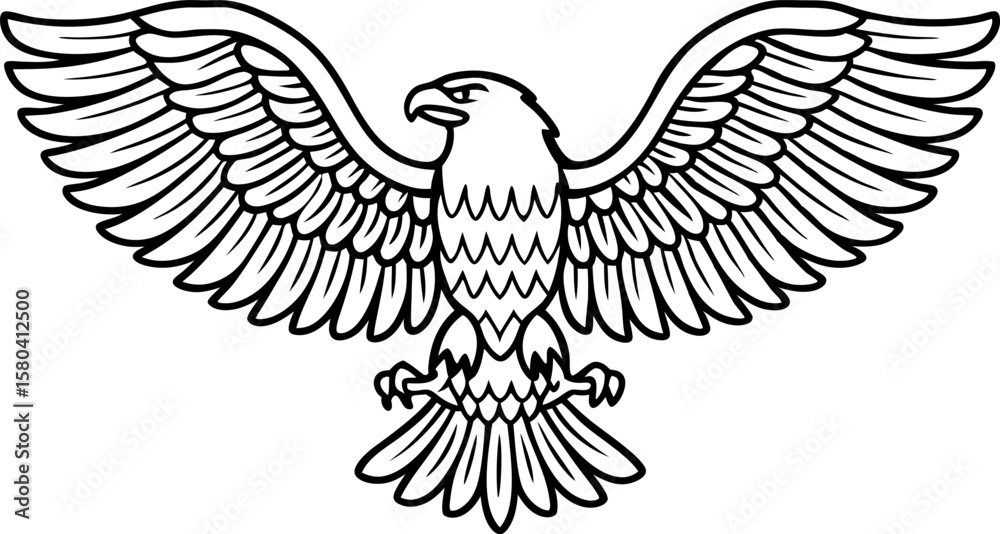 Obraz premium Majestic eagle outline with spread wings powerful bird illustration, predator symbol, monochrome animal drawing