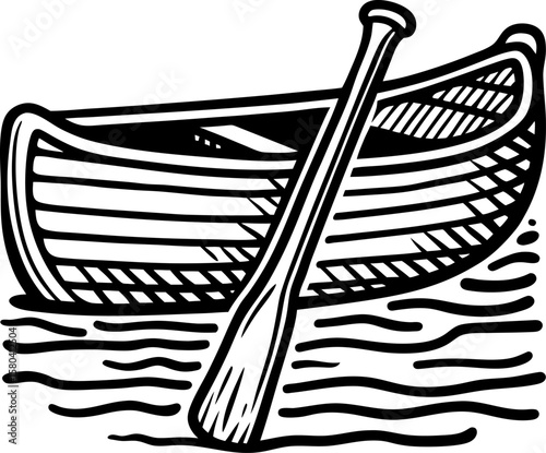 Wooden rowboat with oar on calm water hand drawn sketch illustration of vintage boat, marine adventure concept