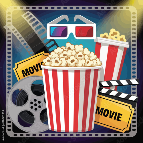 Classic movie night with popcorn 3d glasses film reel and tickets