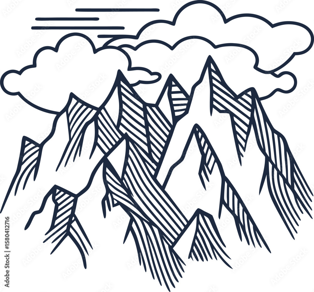 Fototapeta premium Majestic mountain range outline with dramatic clouds hand drawn sketch style, peaks and ridges landscape illustration
